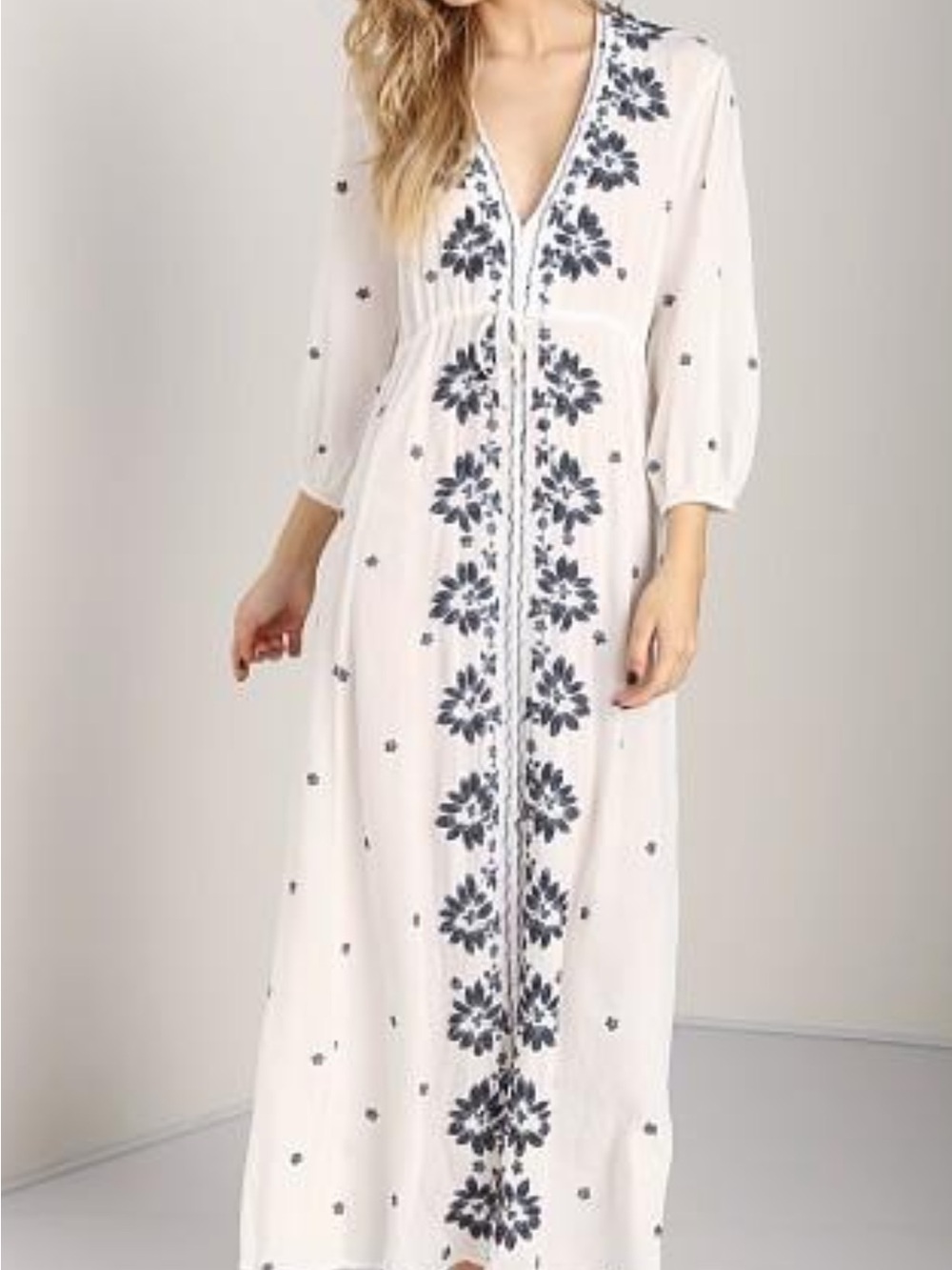 Free People Embroidered Maxi Dress White Black Boho Size M